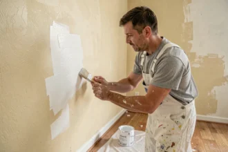 Homme appliquant de la peinture blanche Action sur un mur intérieur sans sous-couche visible