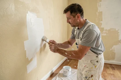 Homme appliquant de la peinture blanche Action sur un mur intérieur sans sous-couche visible