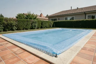 Piscine résidentielle entièrement recouverte d'une bâche à bulles bleue pour limiter l'évaporation