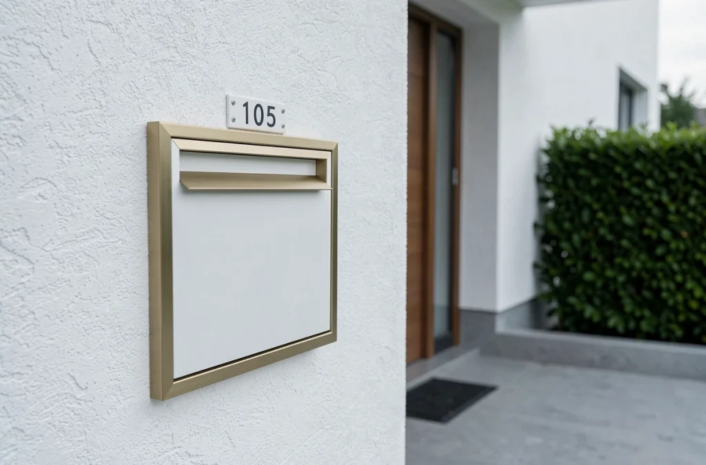 Boîte aux lettres encastrée dans un mur enduit blanc avec encadrement en aluminium doré mat sur façade de villa moderne