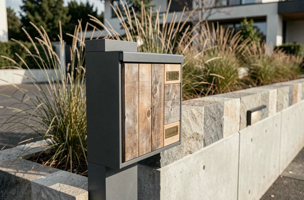 Boîte aux lettres sur pied en aluminium anthracite avec panneau en bois au portail d'entrée d'une maison contemporaine