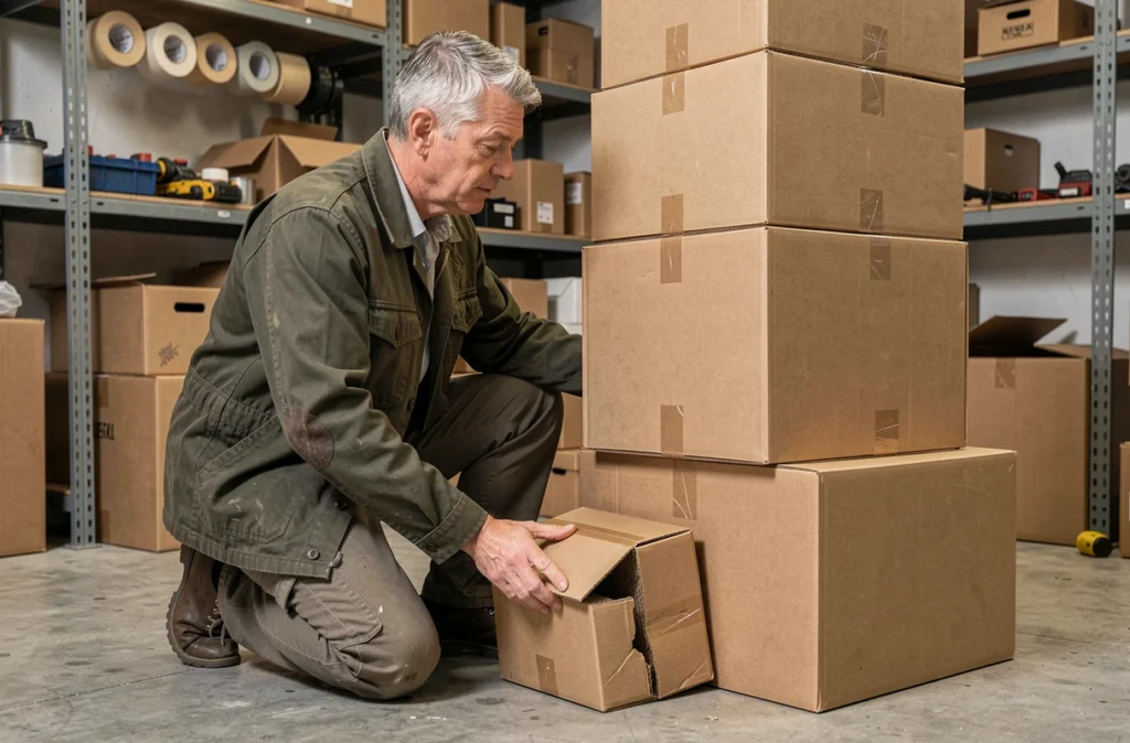 Homme inspectant des cartons de tailles inadaptées ayant causé des dégâts dans un entrepôt
