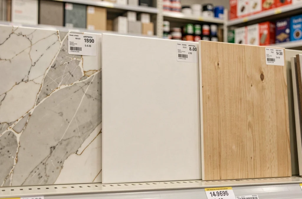 Comparaison de dalles murales PVC en magasin avec différents designs et prix abordables