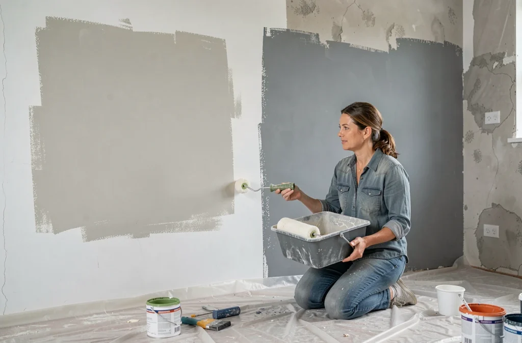 Femme comparant l'effet de la peinture blanche Action avec et sans sous-couche sur un mur en plâtre