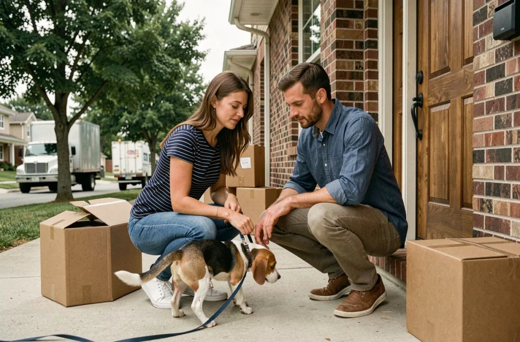 Couple avec leur beagle découvrant l'entrée de leur nouvelle maison lors d'un déménagement