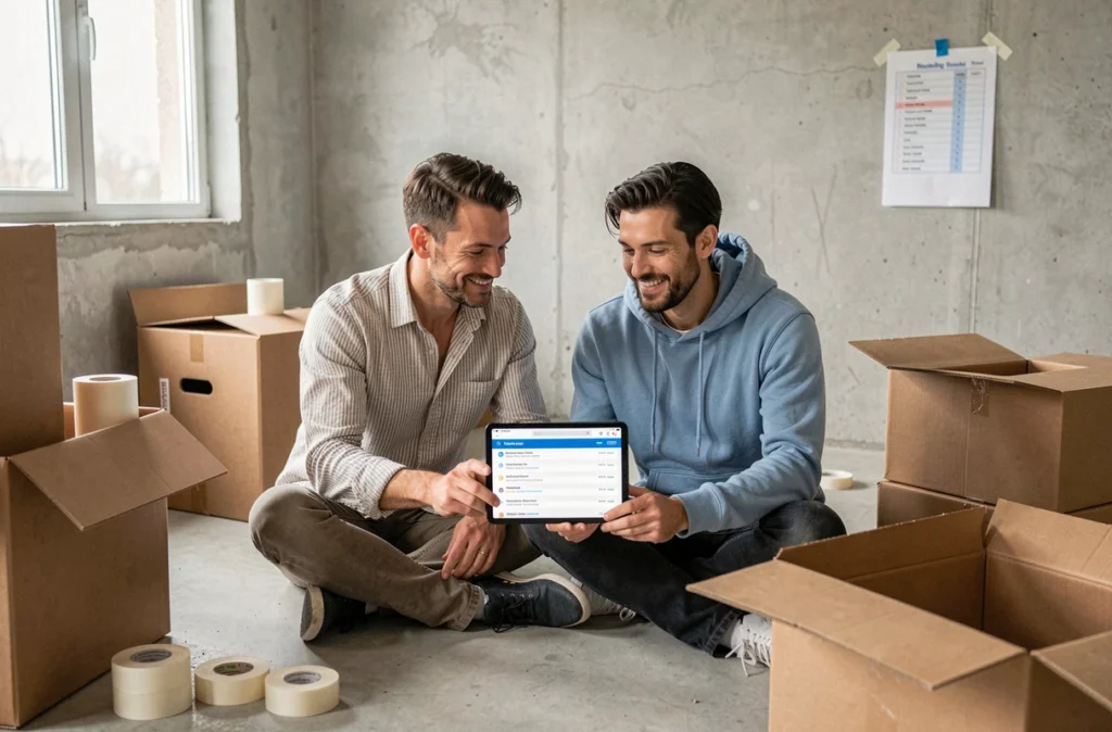 Couple consultant une liste d'abonnements à transférer sur tablette entouré de cartons de déménagement