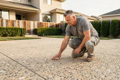 Artisan inspectant une cour en béton désactivé avec galets ronds beige et gris devant une maison moderne