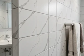 Dalle murale PVC blanche avec veinures grises installée dans une salle de bain moderne et minimaliste