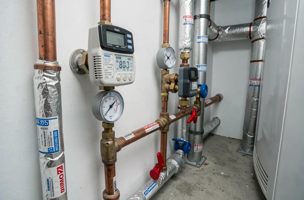 Détail du circuit hydraulique d'une pompe à chaleur avec affichage de température et tuyauterie en cuivre dans une chaufferie