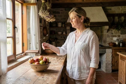Femme calme dans une cuisine rustique repoussant des mouches près d'une fenêtre ouverte, atmosphère de purification naturelle