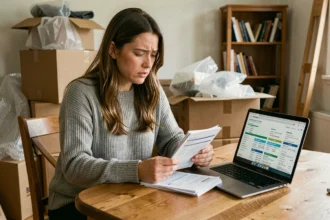 Femme organisant ses abonnements et contrats lors d'un déménagement, entourée de cartons