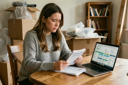 Femme organisant ses abonnements et contrats lors d'un déménagement, entourée de cartons
