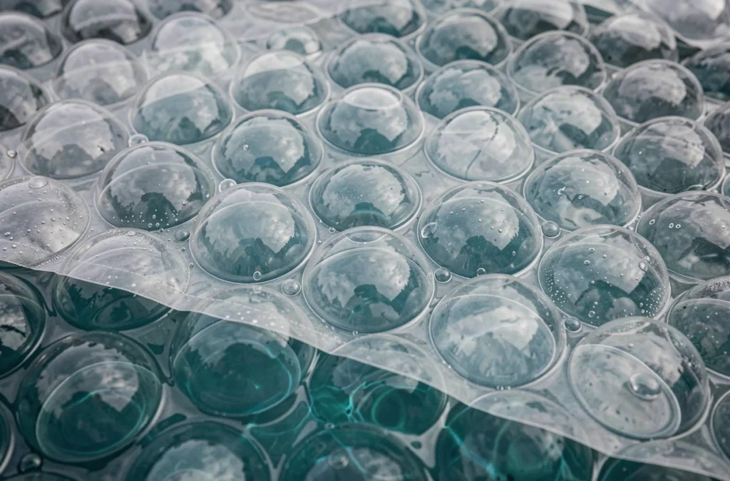 Gros plan sur les bulles d'une bâche solaire posée sur l'eau d'une piscine, limitant l'évaporation