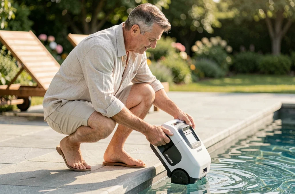 Homme déposant un robot nettoyeur dans sa piscine privée lors d'une journée d'entretien estival