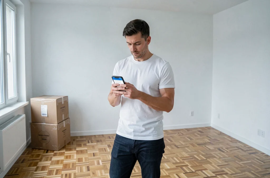 Homme gérant ses abonnements sur smartphone dans un appartement vide après déménagement