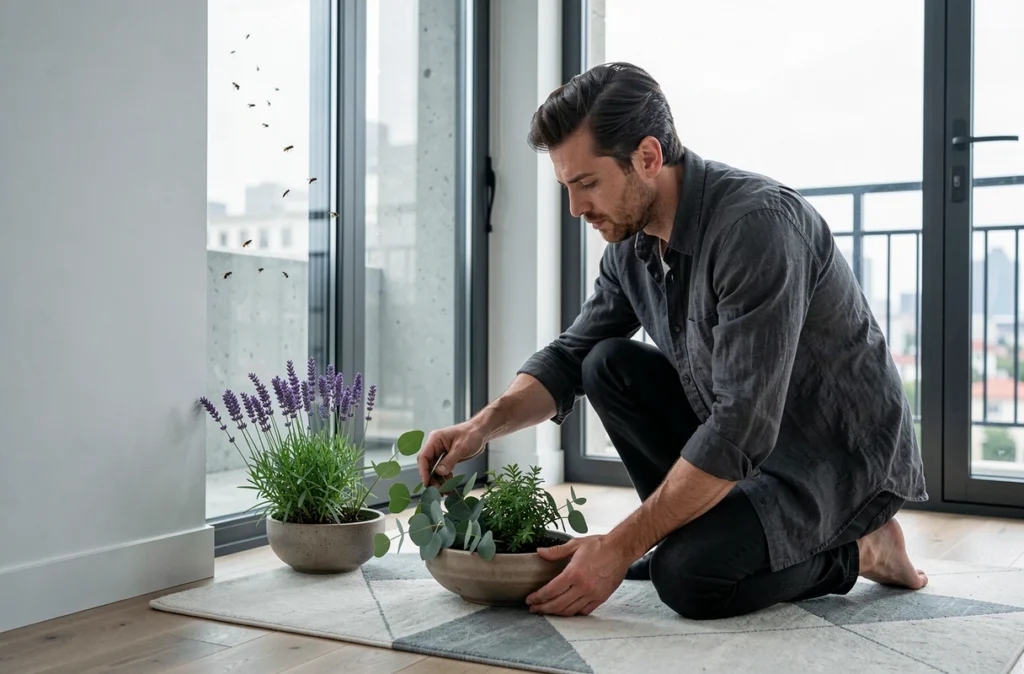 Homme disposant des herbes purifiantes dans un appartement moderne pour éloigner une invasion de mouches symbolique