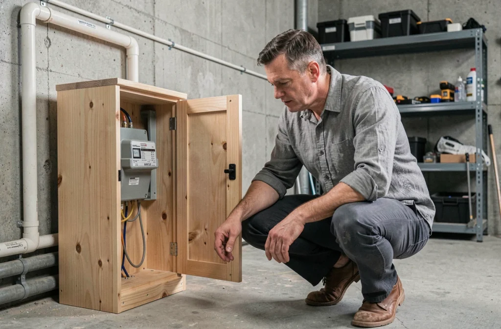 Homme inspectant un meuble cache compteur électrique ouvert dans un garage avec accès au panneau de comptage