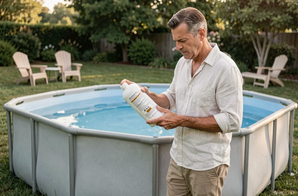 Homme lisant les avertissements sur une bouteille de javel près d'une piscine hors sol tubulaire dans un jardin
