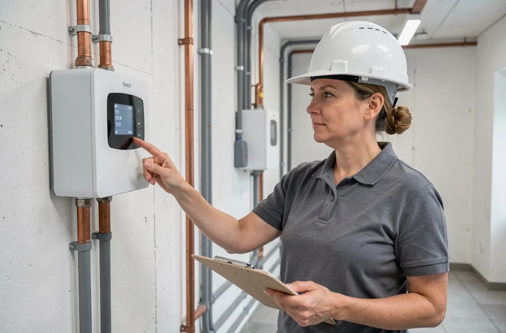 Ingénieure analysant le panneau de contrôle d'une pompe à chaleur dans une chaufferie résidentielle moderne