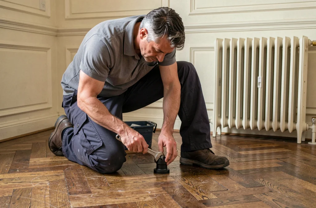 Plombier installant un pied en fonte pour radiateur sur parquet en point de Hongrie dans un appartement haussmannien
