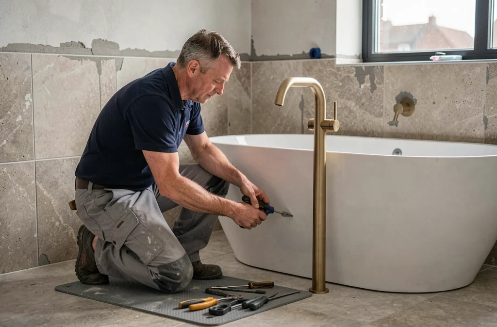 Plombier installant un robinet Hudson Reed en laiton brossé sur une baignoire îlot dans une salle de bain en rénovation
