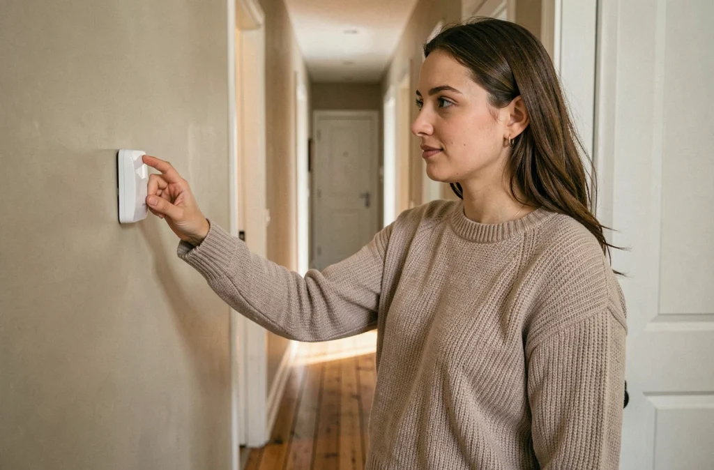 Locataire utilisant un interrupteur connecté Yokis va-et-vient dans le couloir d'un appartement Airbnb