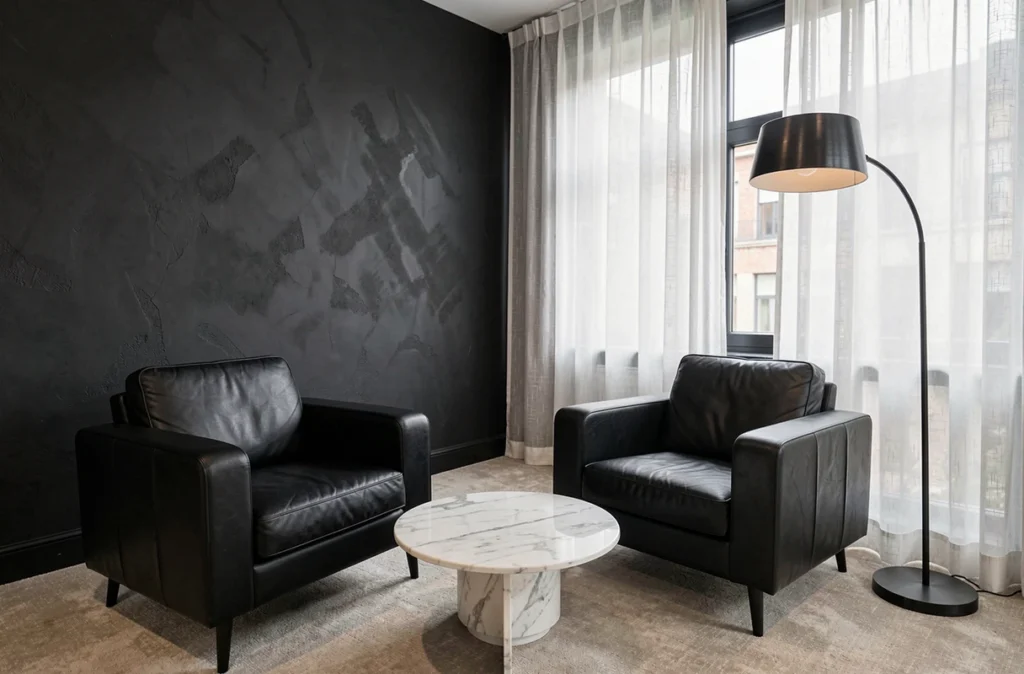 Salon en noir et blanc style hôtel boutique avec fauteuils en cuir noir, mur accent noir mat et table en marbre de Carrare