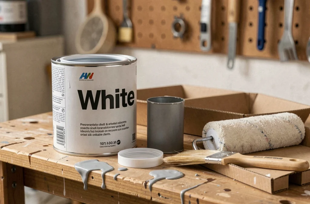 Matériel de peinture posé sur un établi avec pot de peinture blanche Action et primaire gris