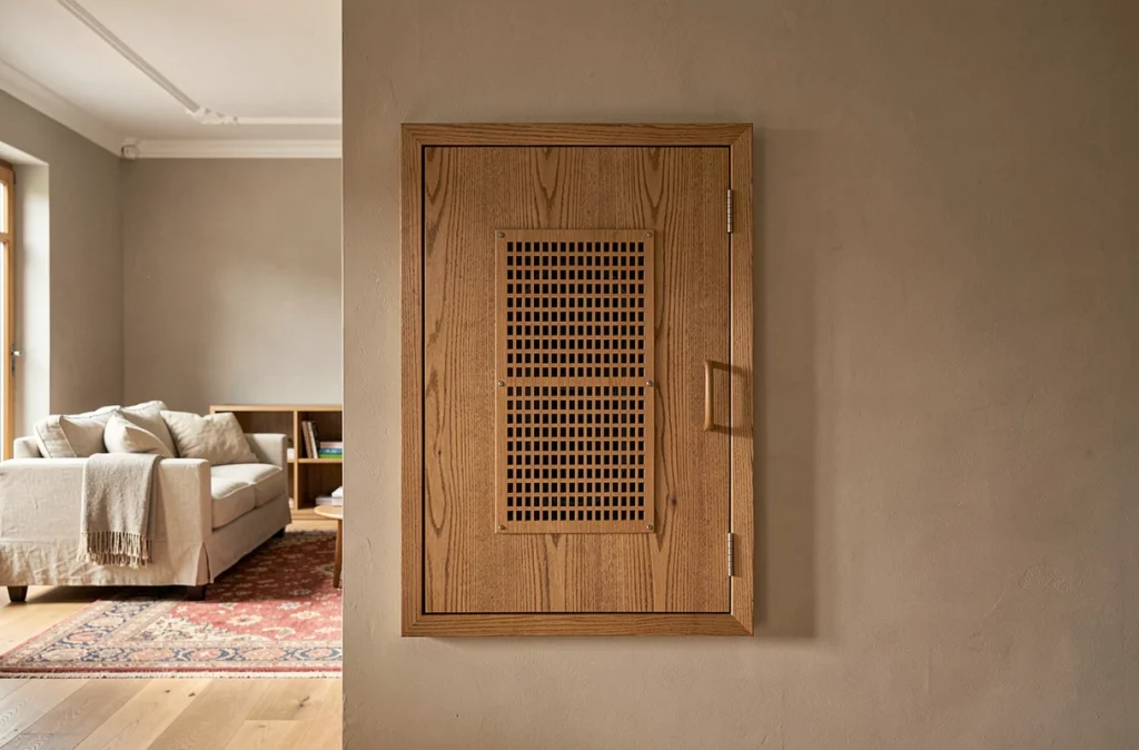 Meuble cache compteur électrique en chêne intégré dans un mur de salon avec grille de ventilation réglementaire