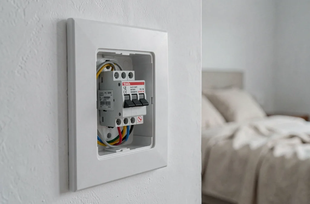 Gros plan sur un module Yokis va-et-vient encastré dans une boîte électrique standard d'un logement en location