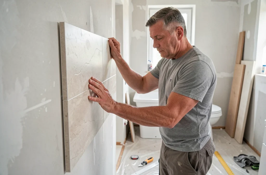 Homme posant lui-même une dalle murale PVC dans une salle de bain en cours de rénovation