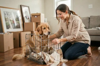 Femme préparant son chien golden retriever à entrer dans une caisse de transport avant un déménagement