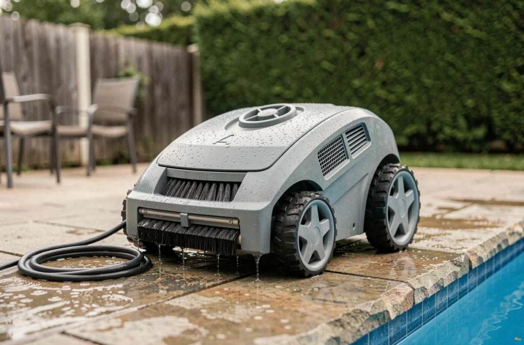 Robot de piscine posé sur le bord après un cycle de nettoyage complet, détail des brosses et des roues