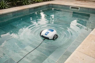 Robot de piscine autonome nettoyant le fond d'une piscine rectangulaire extérieure avec de l'eau turquoise claire
