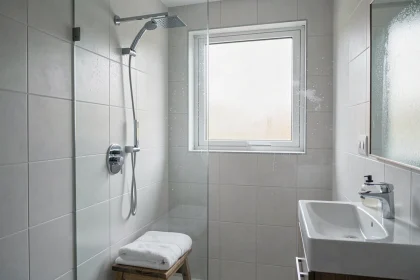 Salle de bain moderne équipée d'une douche à effet pluie et d'un robinet chromé Hudson Reed sur carrelage blanc