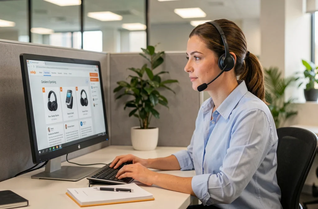Conseillère du service client Hudson Reed portant un casque audio, assise à son bureau dans un open space professionnel
