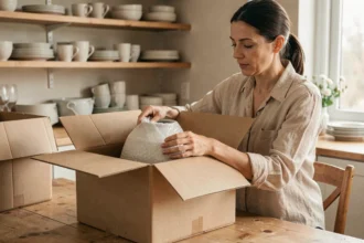 Femme emballant un objet fragile dans un carton de taille adaptée lors d'un déménagement