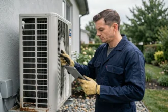 Technicien CVC inspectant une pompe à chaleur extérieure installée sur un mur de maison résidentielle moderne