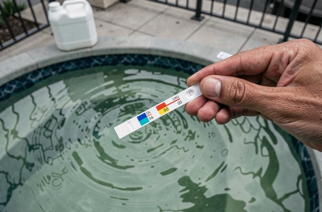 Test bandelette de chlore dans l'eau d'une piscine hors sol avec eau légèrement verdâtre