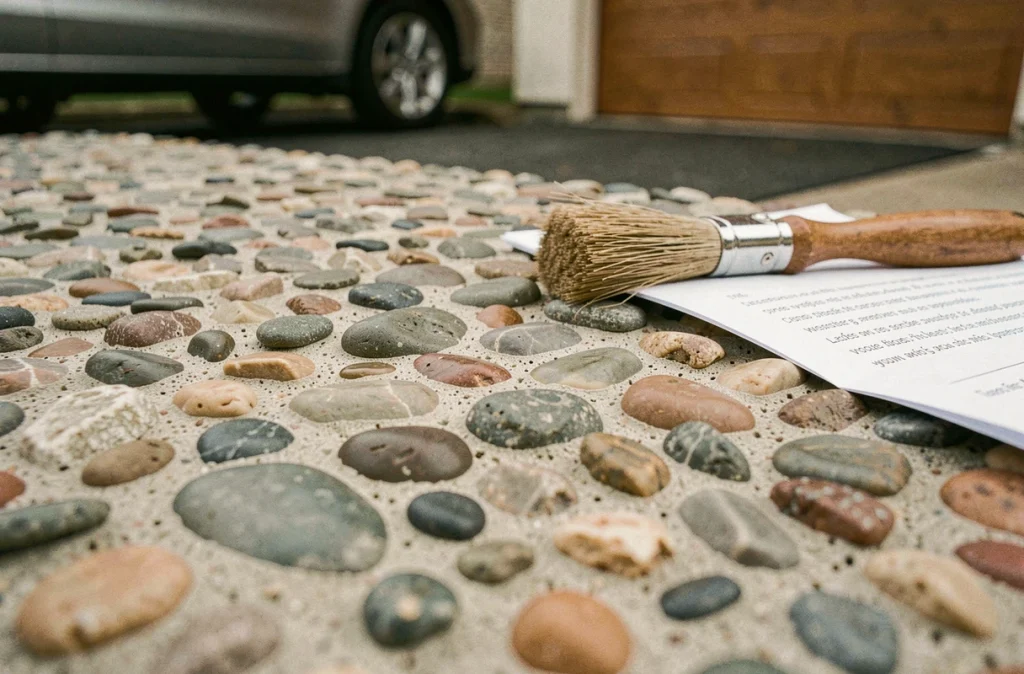 Gros plan sur la texture de béton désactivé avec galets naturels et devis posé sur le bord de la dalle