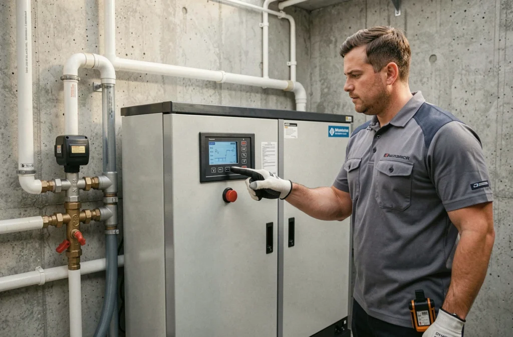 Technicien présentant un système de traitement de l'eau par UV et ozone comme alternative écologique au chlore pour piscine
