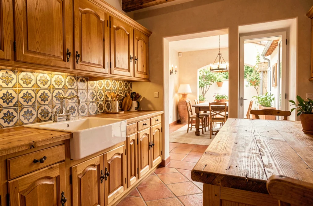 Arthur Bonnet Aix-en-Provence avec cuisine chêne miel, carrelage provençal peint à la main et évier en émail blanc