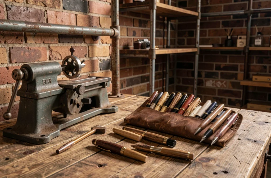 Atelier de fabrication de stylos au style industriel avec outils vintage, bois de rose tourné et pouch en cuir sur établi en bois récupéré