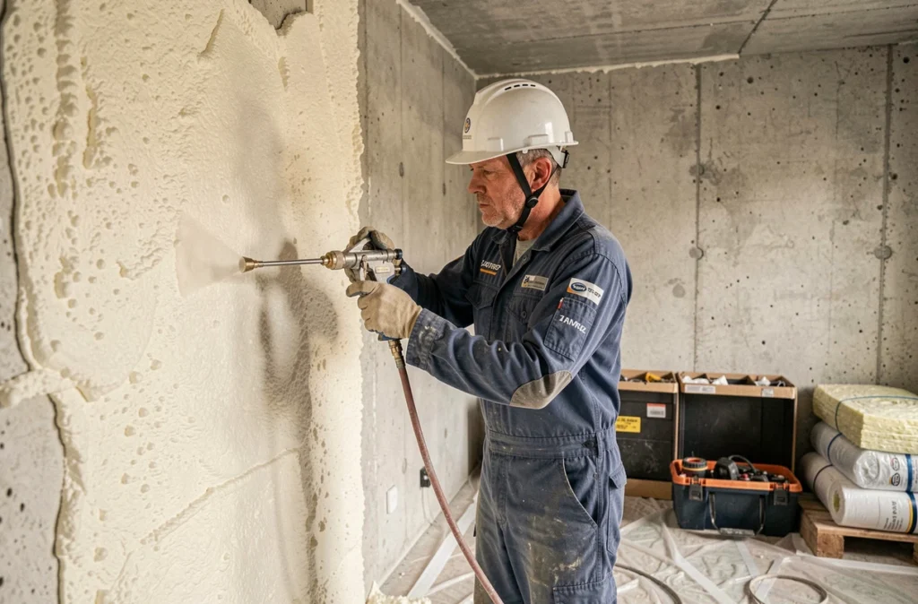 Technicien d'Auxilium AVS appliquant de la mousse isolante dans un appartement en rénovation à Rennes