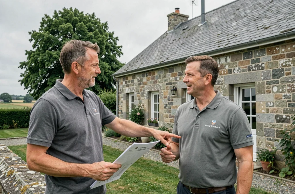 Conseiller de Bati Concept Eco expliquant un projet de rénovation énergétique globale devant une maison en Ille-et-Vilaine