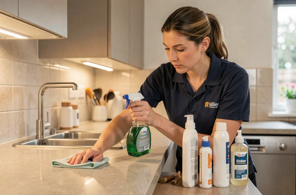 Femme de ménage nettoyant un plan de travail de cuisine chez un particulier à Lille pour Clean Pro