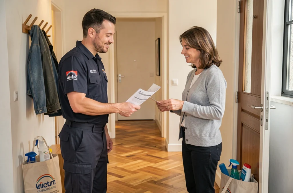 Agent de ménage remettant une facture avec avance immédiate du crédit d'impôt à une cliente à Lille pour Club Tidy