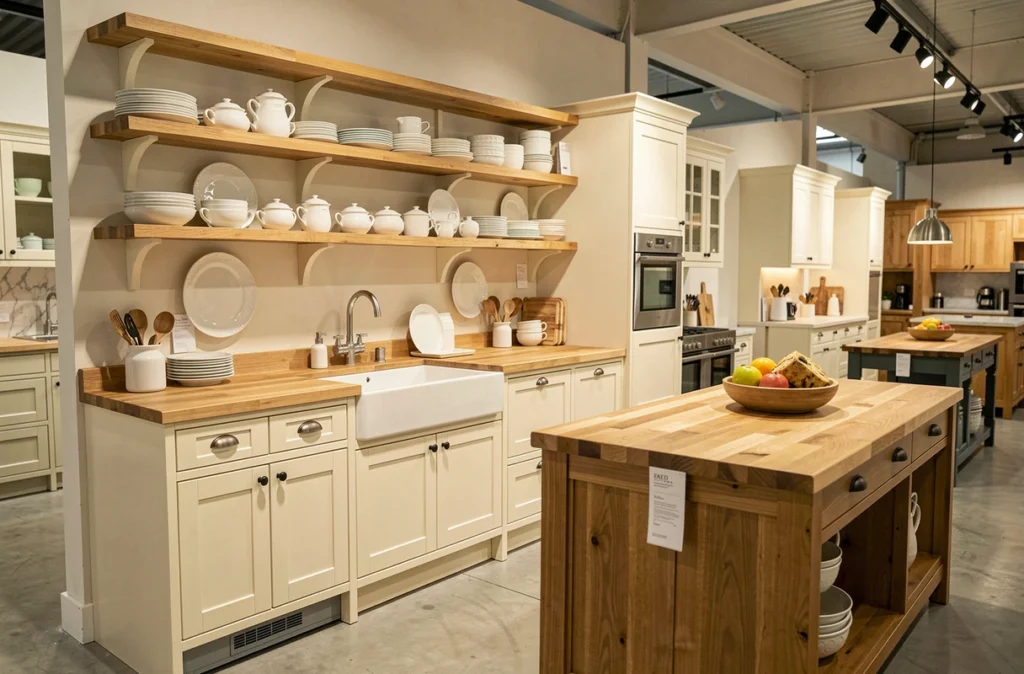 Cuisine Plus Toulon avec meubles shaker crème, évier en céramique et îlot en bois massif