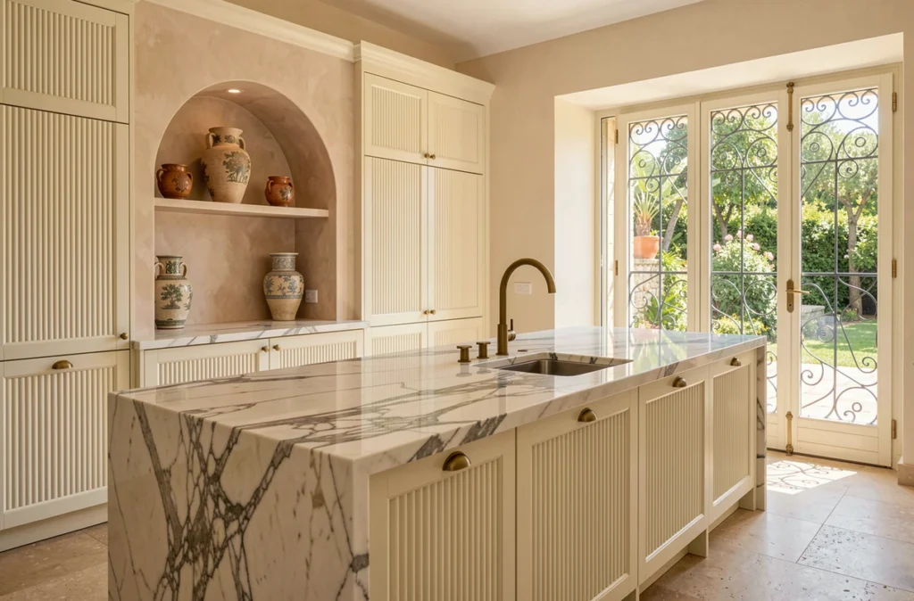 Cuisines Références Menton avec meubles ivoire cannelés, îlot en marbre Carrara et niche décorative en arcade