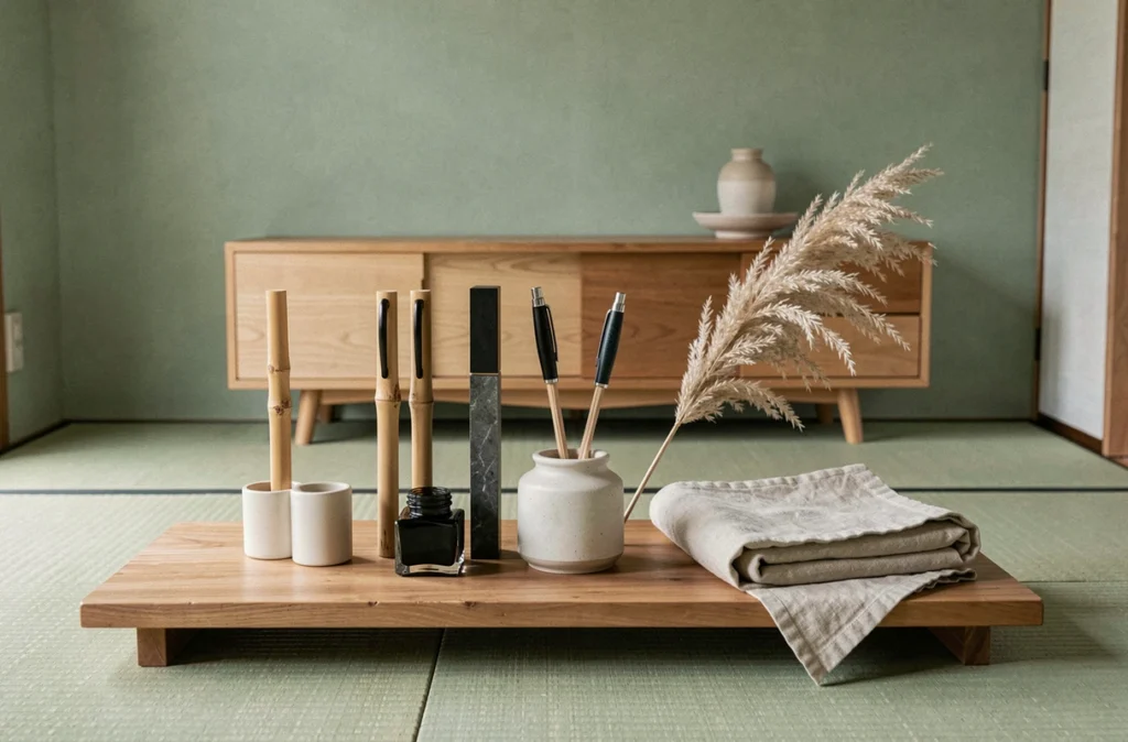 Étagère de style Japandi avec stylos artisanaux en bambou et ébène, pots d'encre en céramique et décor minimaliste dans un intérieur serein